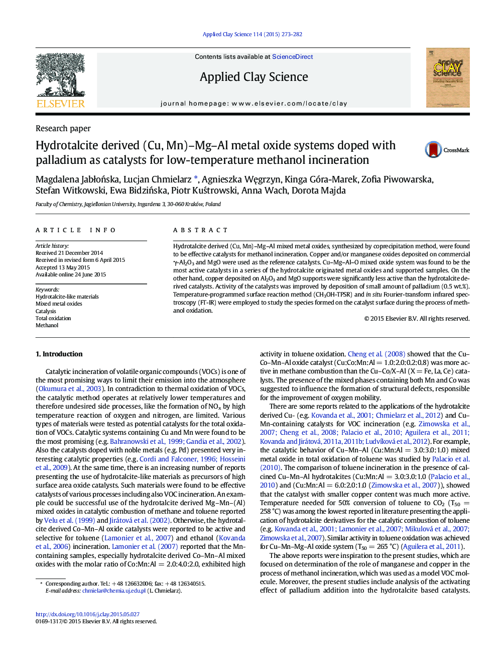 Hydrotalcite derived (Cu, Mn)–Mg–Al metal oxide systems doped with palladium as catalysts for low-temperature methanol incineration