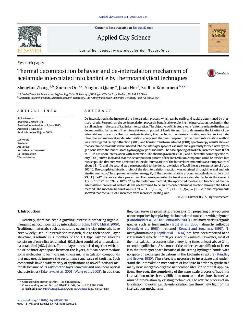 Thermal decomposition behavior and de-intercalation mechanism of acetamide intercalated into kaolinite by thermoanalytical techniques