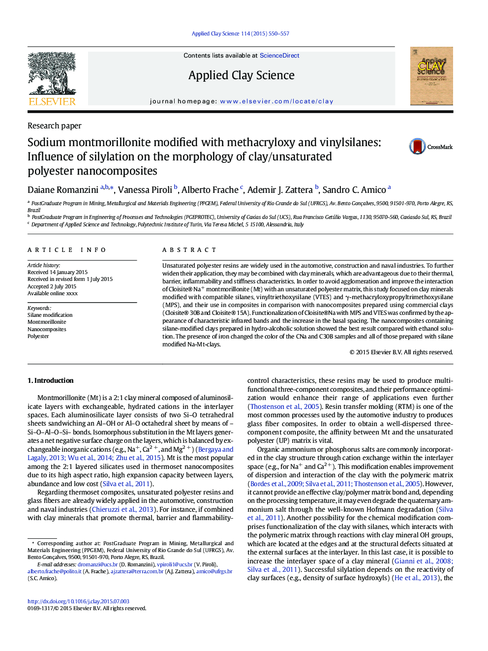 Sodium montmorillonite modified with methacryloxy and vinylsilanes: Influence of silylation on the morphology of clay/unsaturated polyester nanocomposites