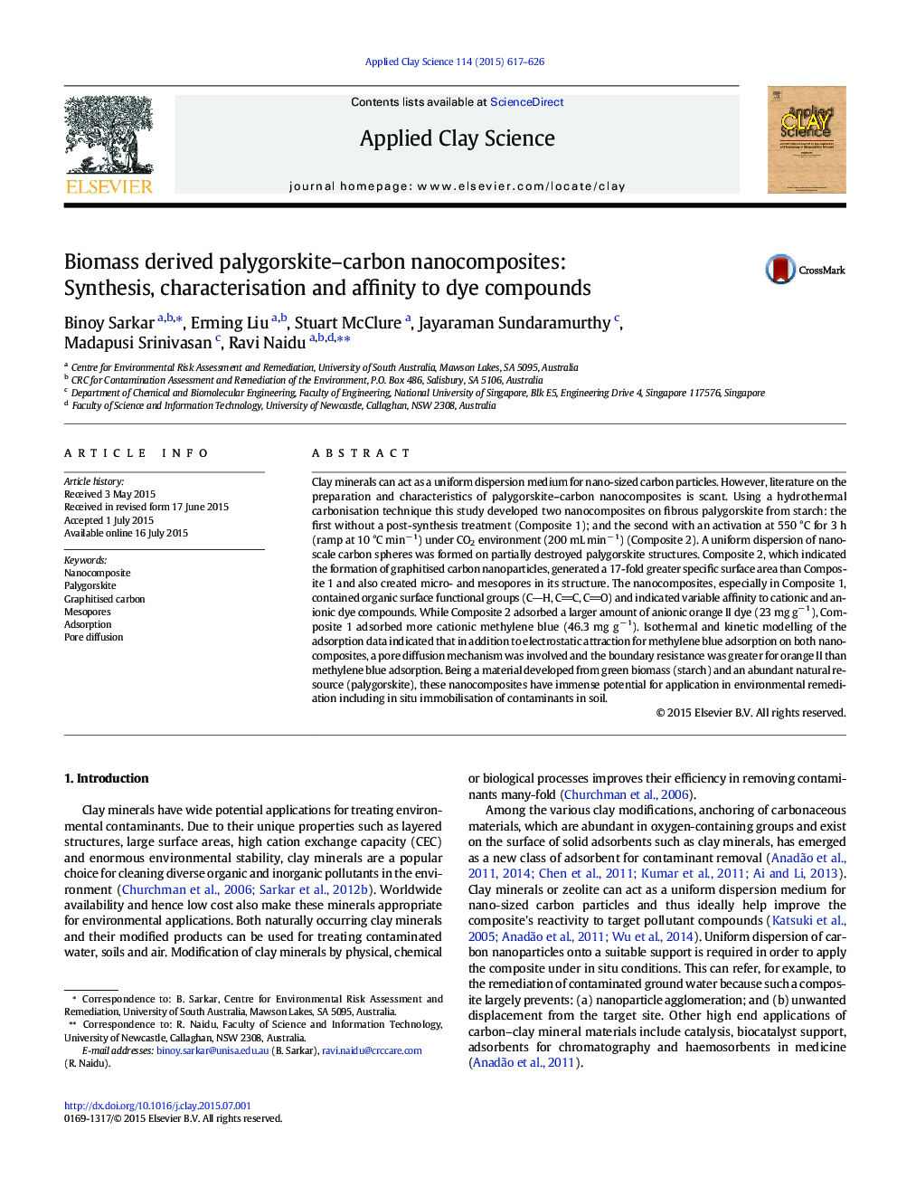 Biomass derived palygorskite-carbon nanocomposites: Synthesis, characterisation and affinity to dye compounds