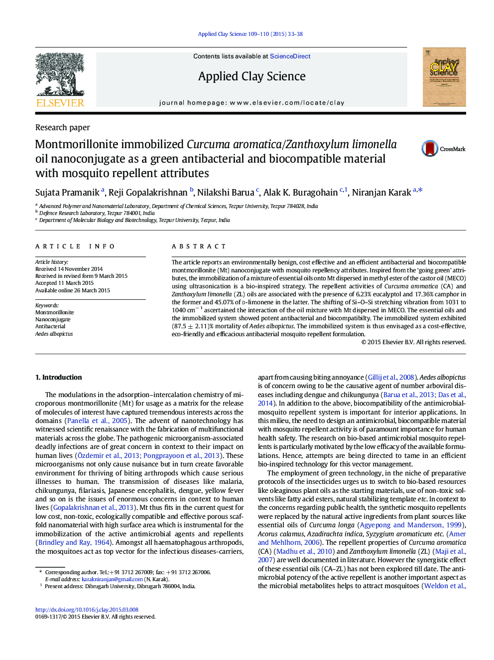 Montmorillonite immobilized Curcuma aromatica/Zanthoxylum limonella oil nanoconjugate as a green antibacterial and biocompatible material with mosquito repellent attributes