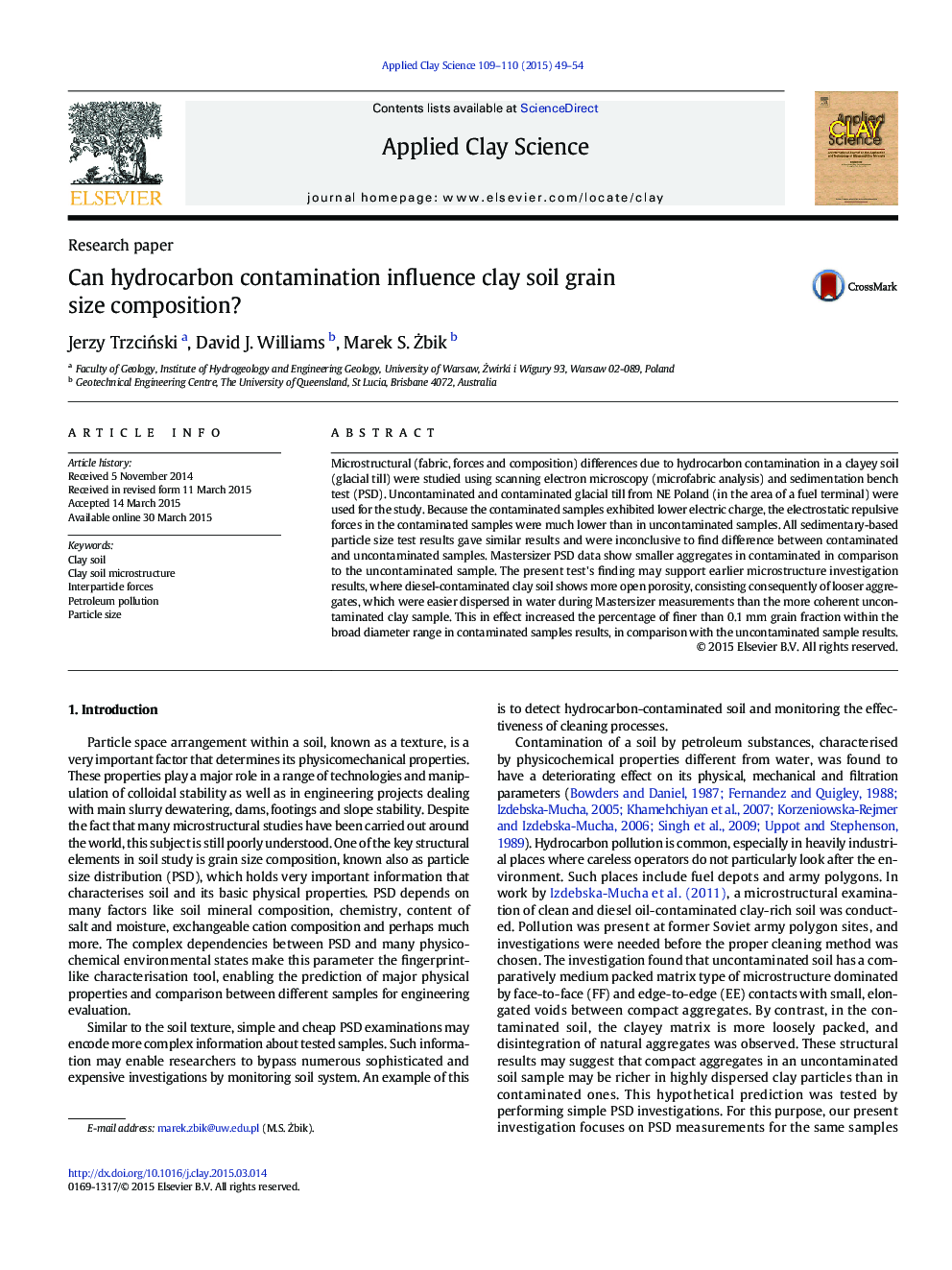 Can hydrocarbon contamination influence clay soil grain size composition?