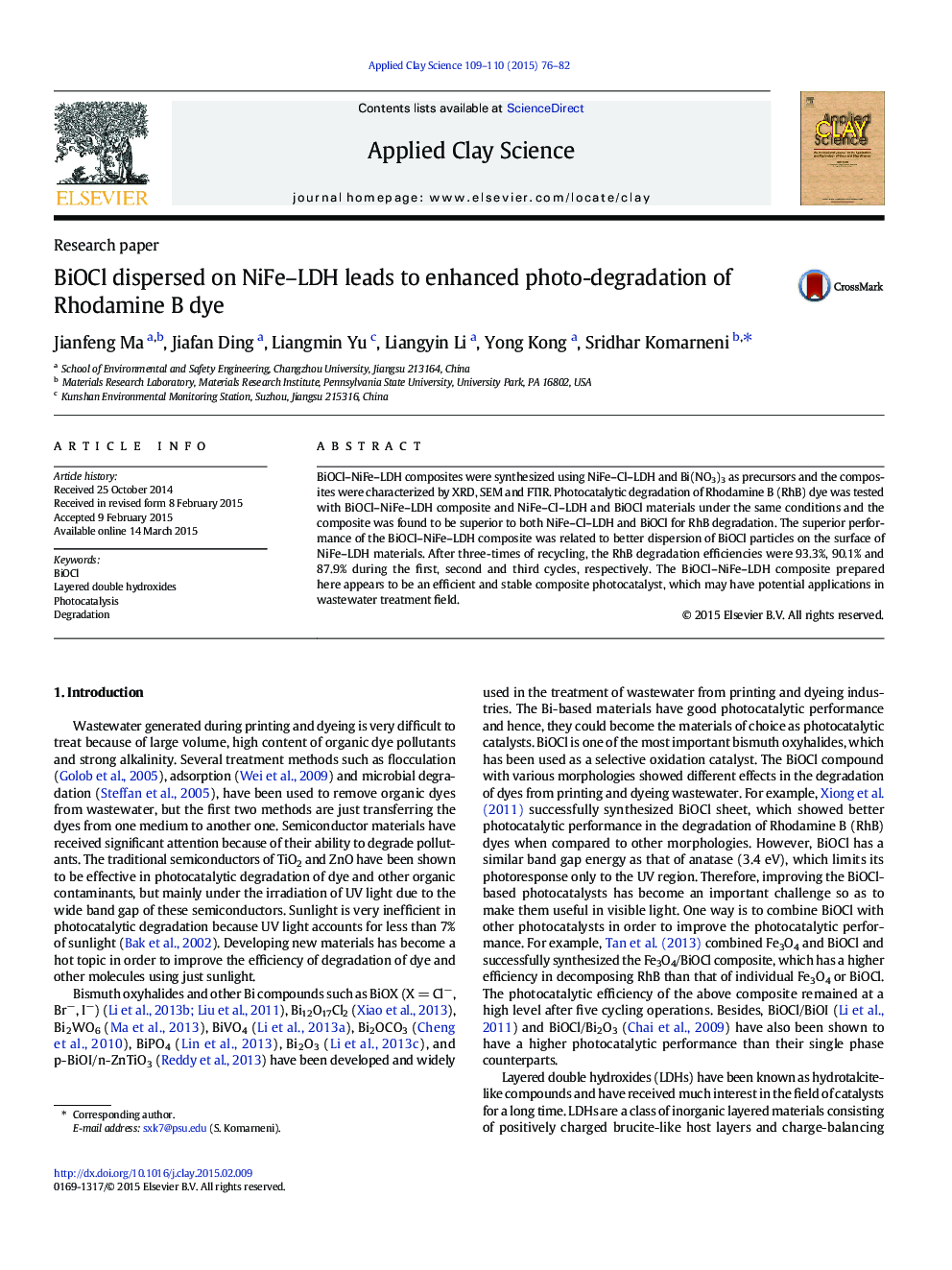 BiOCl dispersed on NiFe–LDH leads to enhanced photo-degradation of Rhodamine B dye