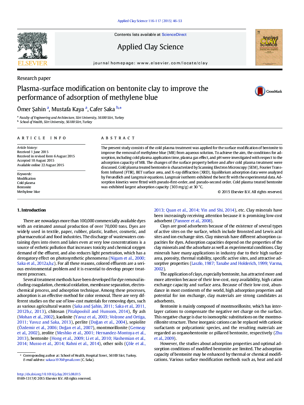 Plasma-surface modification on bentonite clay to improve the performance of adsorption of methylene blue