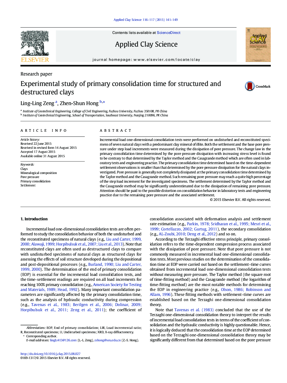 Experimental study of primary consolidation time for structured and destructured clays