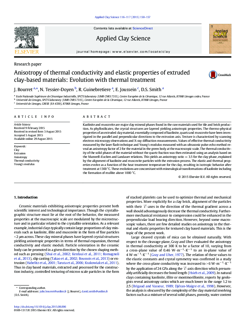 Anisotropy of thermal conductivity and elastic properties of extruded clay-based materials: Evolution with thermal treatment