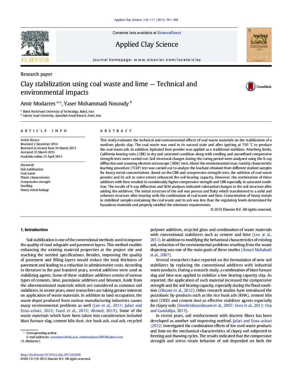 Clay stabilization using coal waste and lime — Technical and environmental impacts