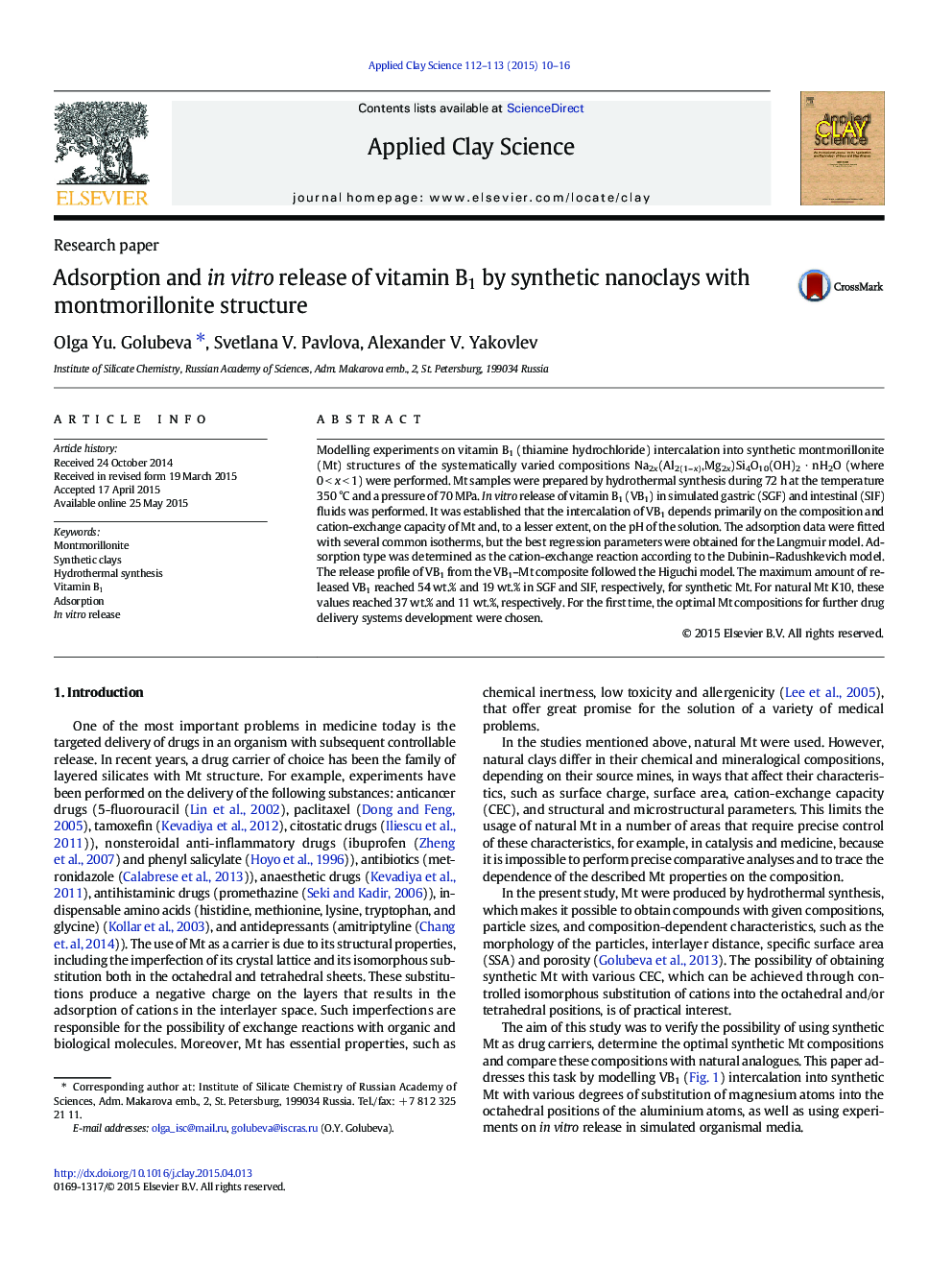 Adsorption and in vitro release of vitamin B1 by synthetic nanoclays with montmorillonite structure