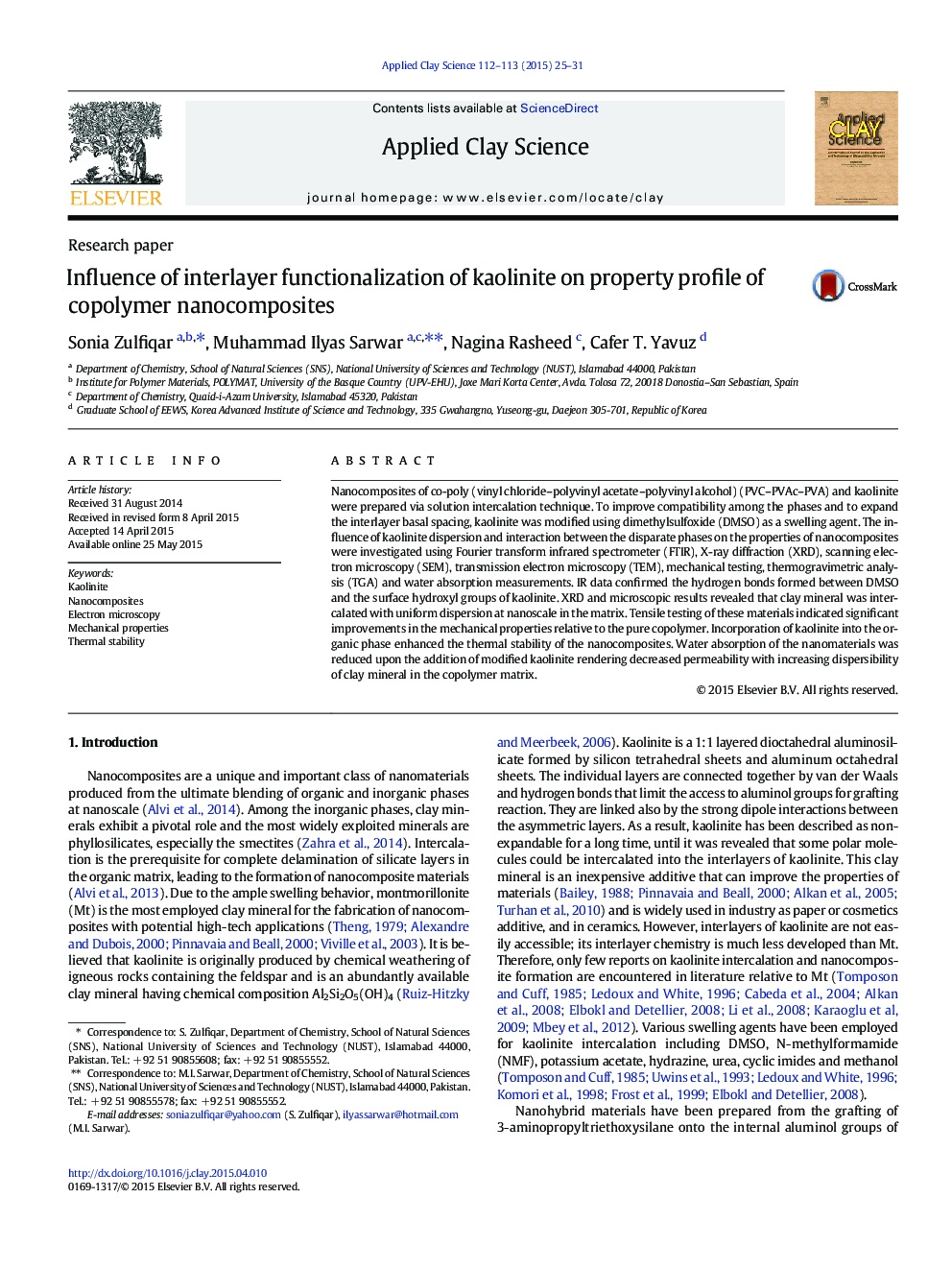 Influence of interlayer functionalization of kaolinite on property profile of copolymer nanocomposites