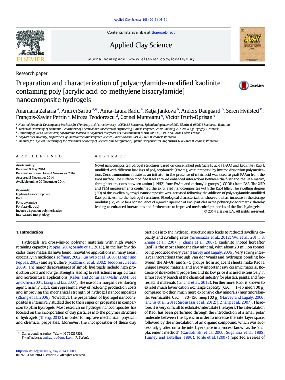 Preparation and characterization of polyacrylamide-modified kaolinite containing poly [acrylic acid-co-methylene bisacrylamide] nanocomposite hydrogels