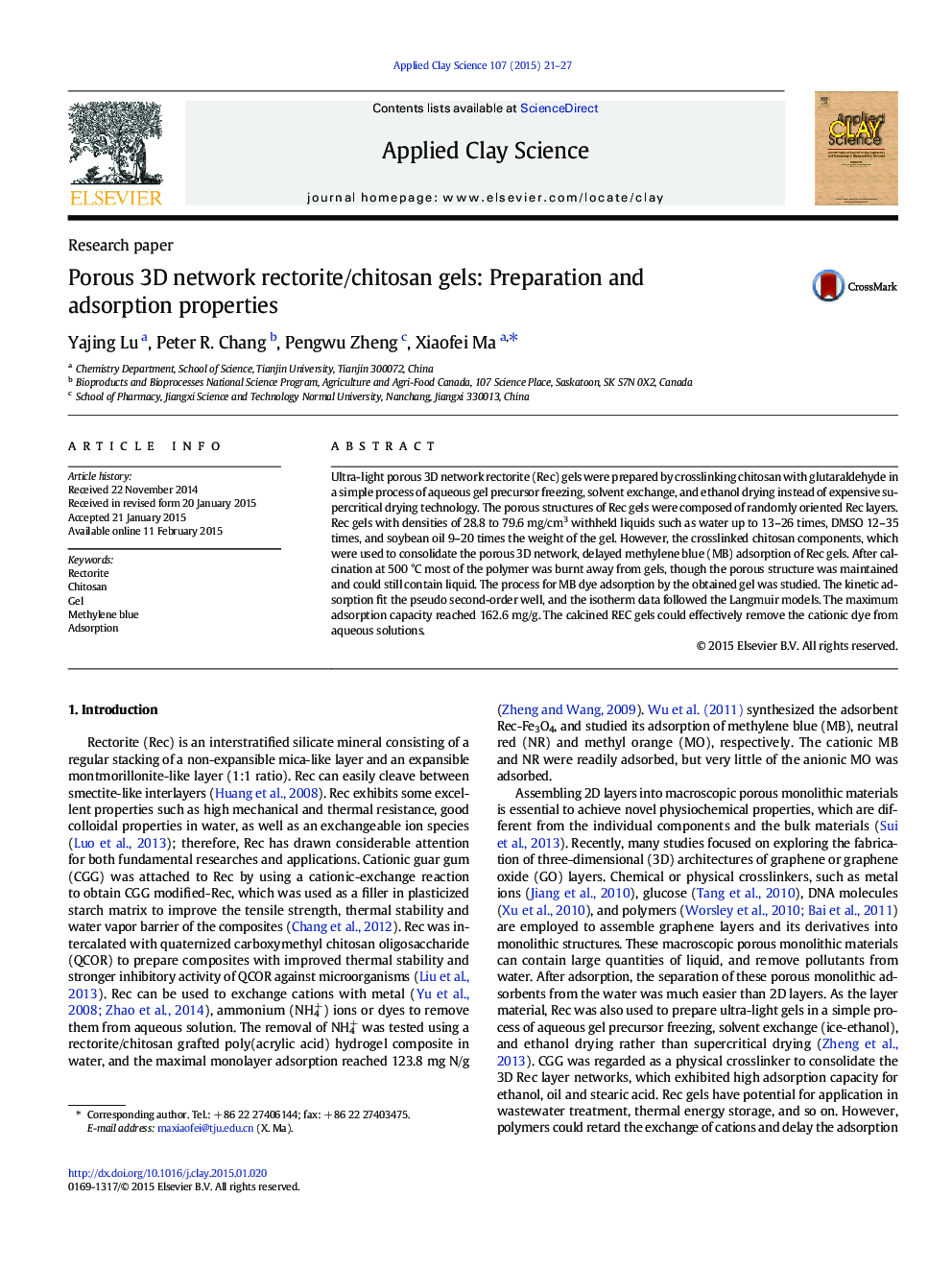 Porous 3D network rectorite/chitosan gels: Preparation and adsorption properties