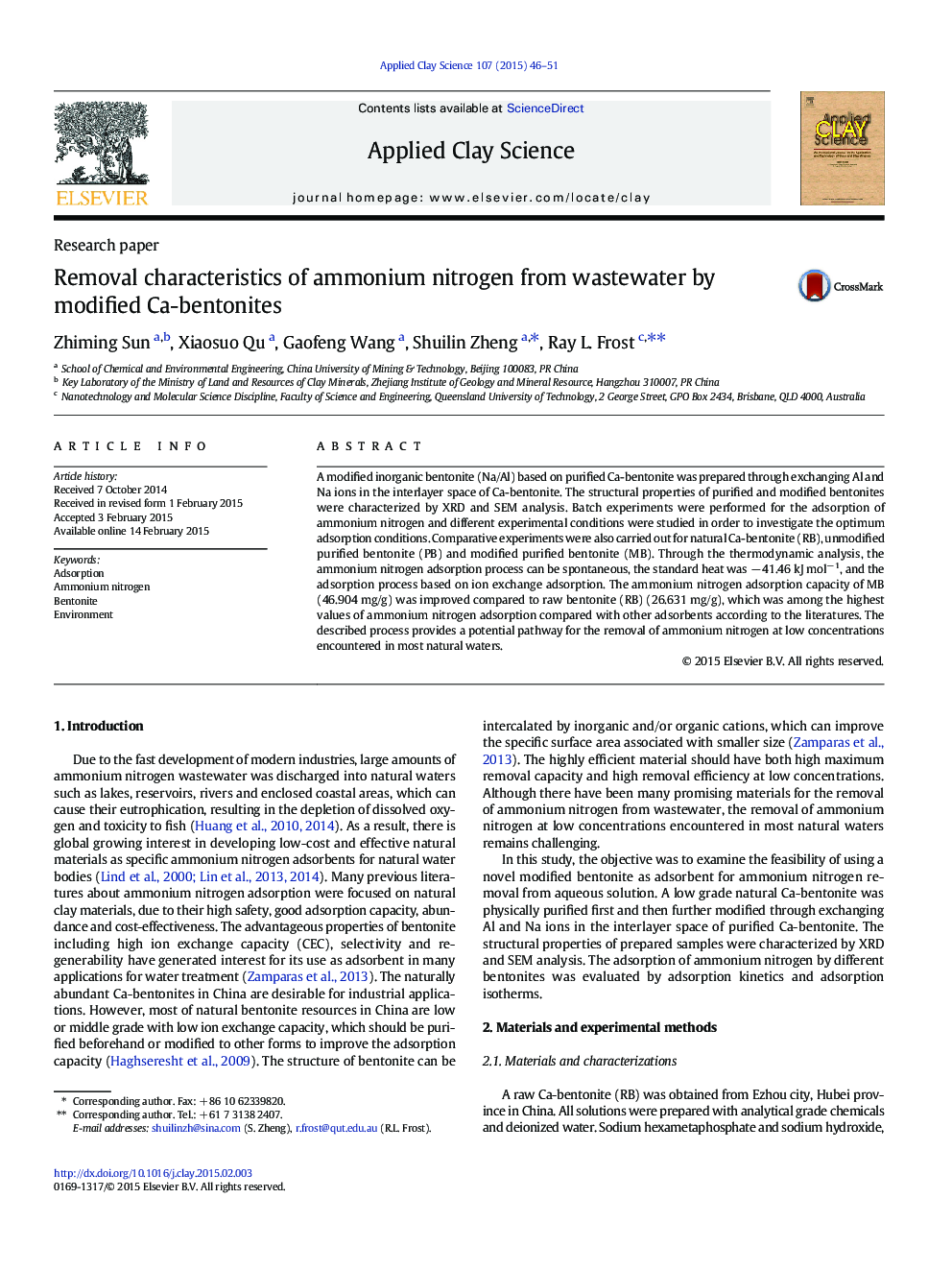 Removal characteristics of ammonium nitrogen from wastewater by modified Ca-bentonites