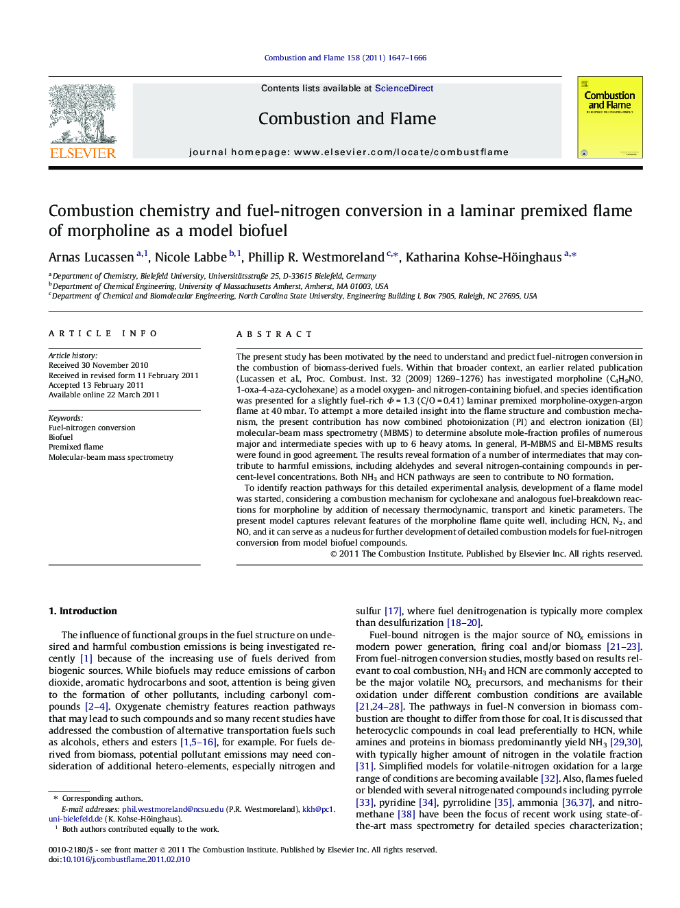 Combustion chemistry and fuel-nitrogen conversion in a laminar premixed flame of morpholine as a model biofuel