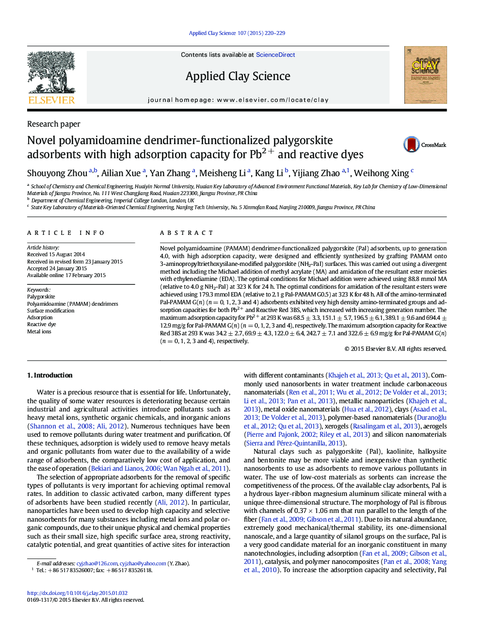 Novel polyamidoamine dendrimer-functionalized palygorskite adsorbents with high adsorption capacity for Pb2 + and reactive dyes