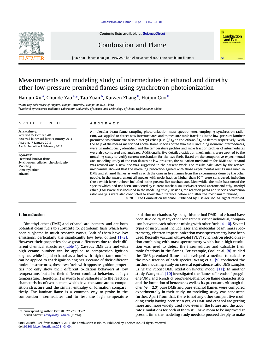 Measurements and modeling study of intermediates in ethanol and dimethy ether low-pressure premixed flames using synchrotron photoionization