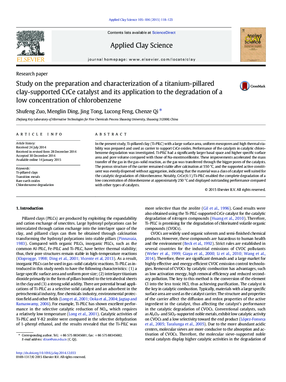 Study on the preparation and characterization of a titanium-pillared clay-supported CrCe catalyst and its application to the degradation of a low concentration of chlorobenzene