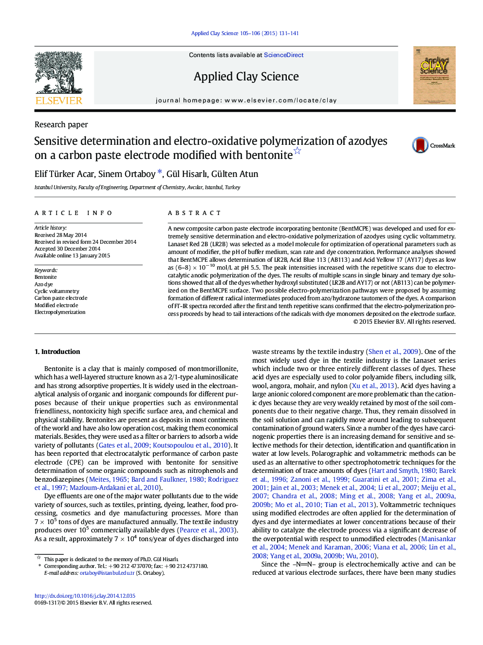 Sensitive determination and electro-oxidative polymerization of azodyes on a carbon paste electrode modified with bentonite 