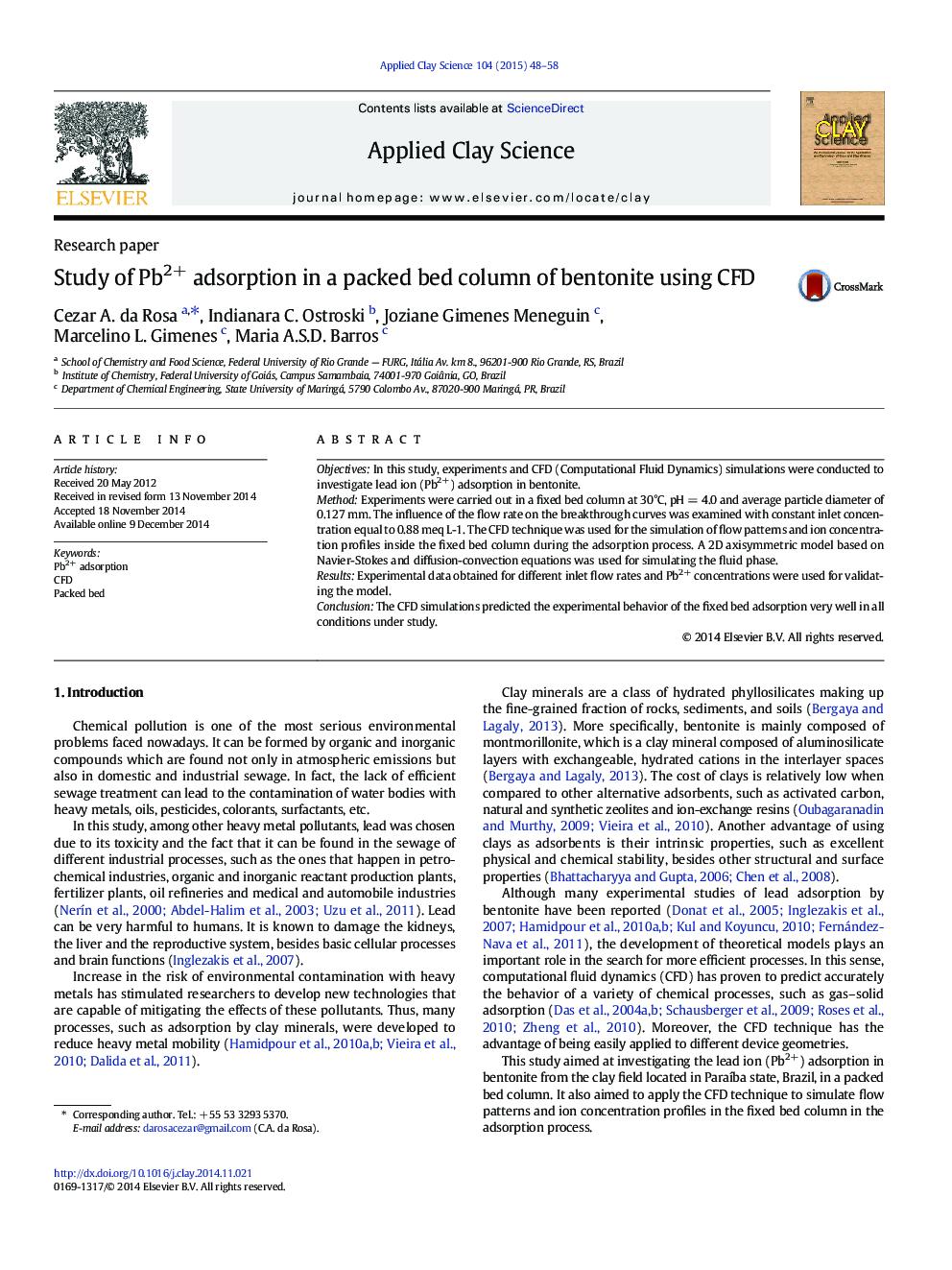 Study of Pb2+ adsorption in a packed bed column of bentonite using CFD