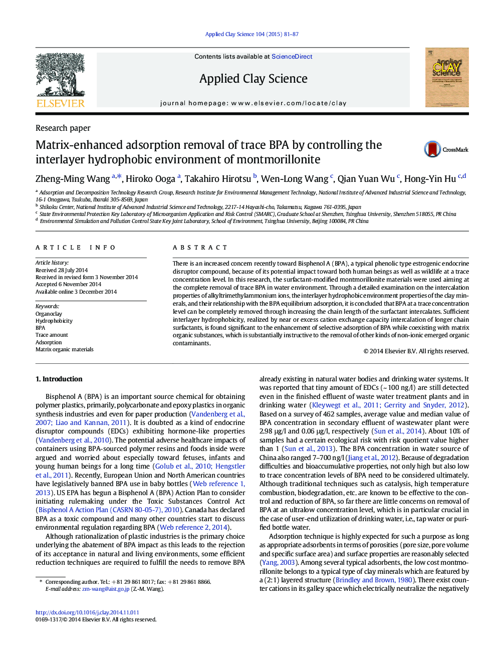 Matrix-enhanced adsorption removal of trace BPA by controlling the interlayer hydrophobic environment of montmorillonite