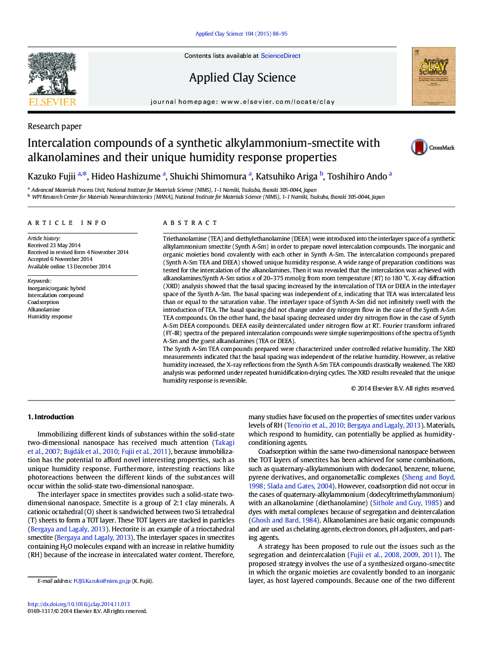 Intercalation compounds of a synthetic alkylammonium-smectite with alkanolamines and their unique humidity response properties