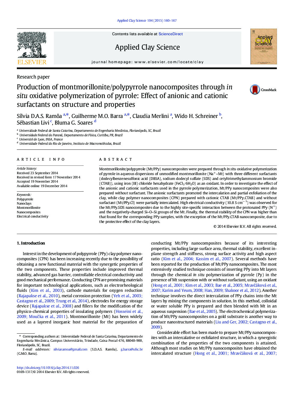 Production of montmorillonite/polypyrrole nanocomposites through in situ oxidative polymerization of pyrrole: Effect of anionic and cationic surfactants on structure and properties