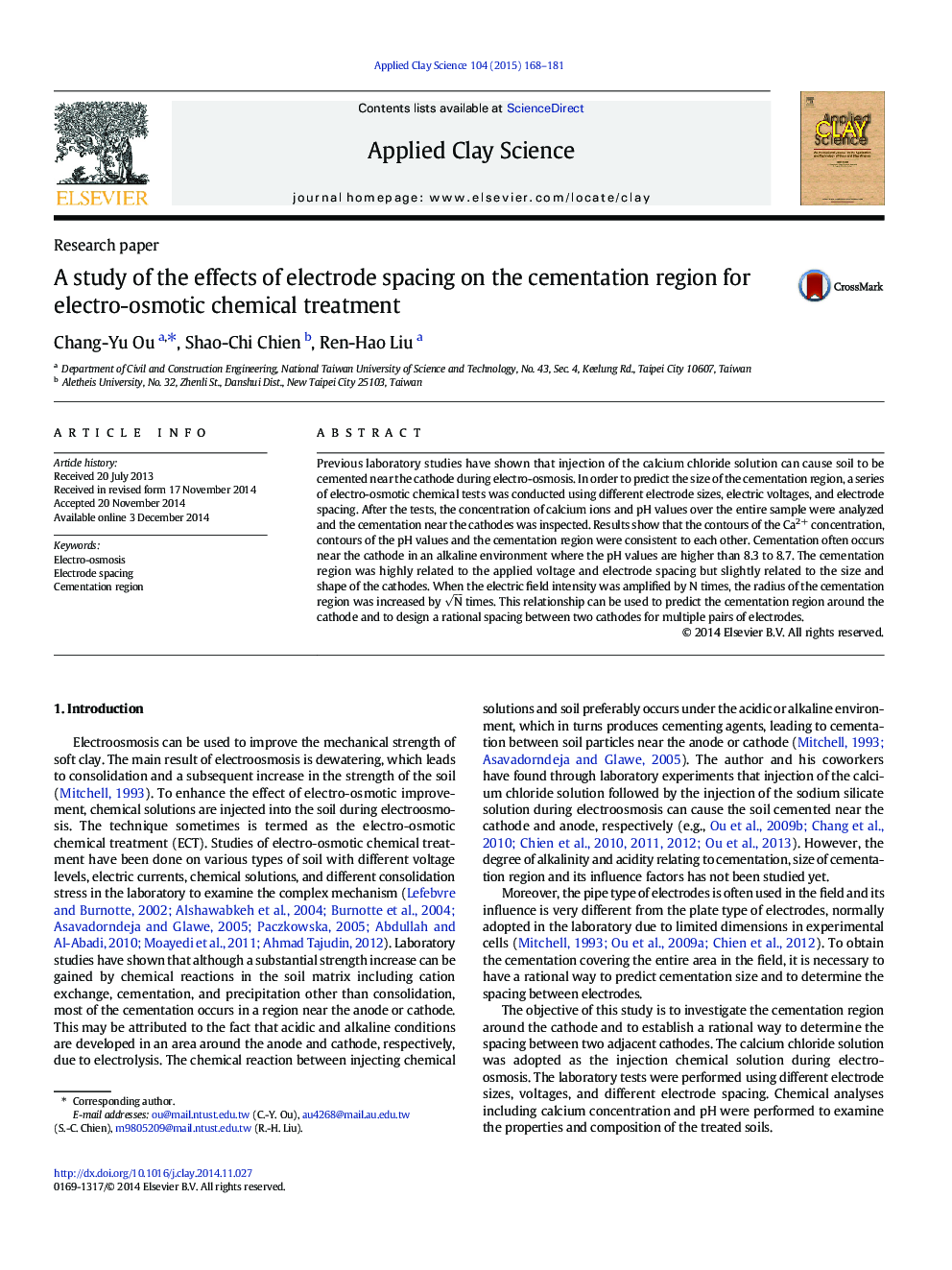 A study of the effects of electrode spacing on the cementation region for electro-osmotic chemical treatment