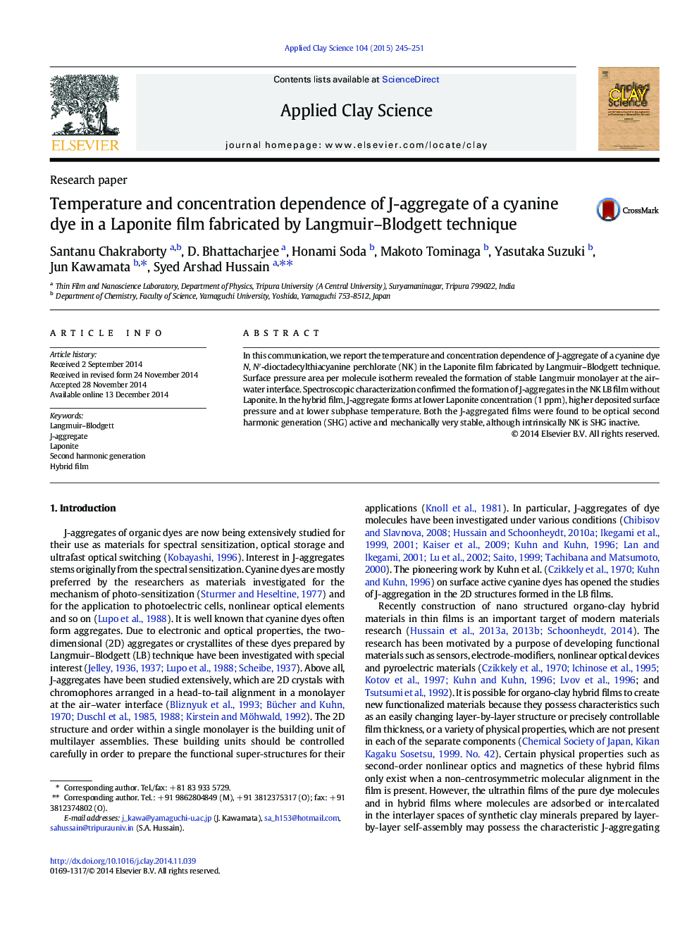 Temperature and concentration dependence of J-aggregate of a cyanine dye in a Laponite film fabricated by Langmuir–Blodgett technique