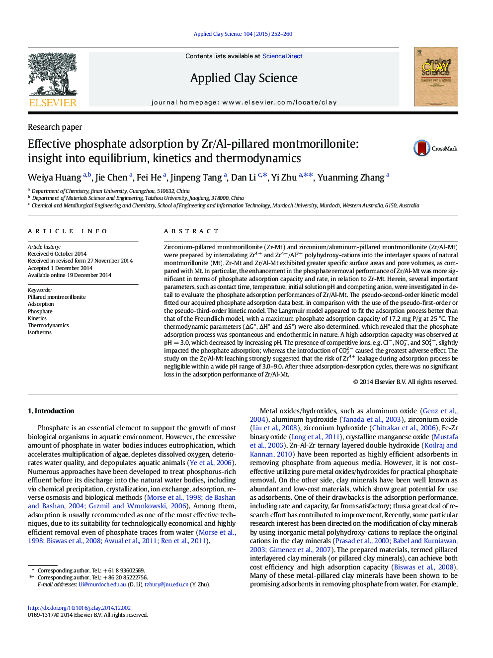 Effective phosphate adsorption by Zr/Al-pillared montmorillonite: insight into equilibrium, kinetics and thermodynamics