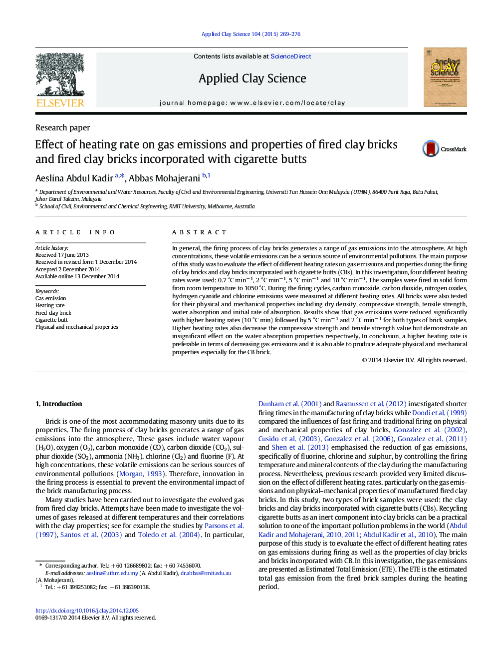 Effect of heating rate on gas emissions and properties of fired clay bricks and fired clay bricks incorporated with cigarette butts