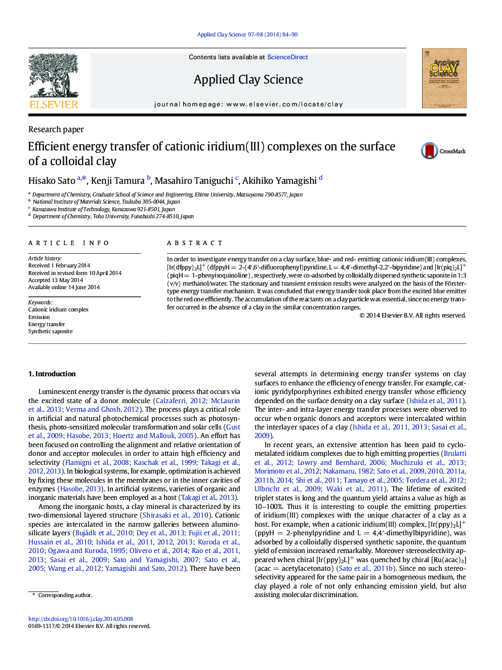 Efficient energy transfer of cationic iridium(III) complexes on the surface of a colloidal clay