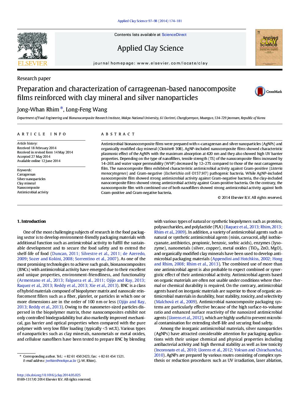 Preparation and characterization of carrageenan-based nanocomposite films reinforced with clay mineral and silver nanoparticles