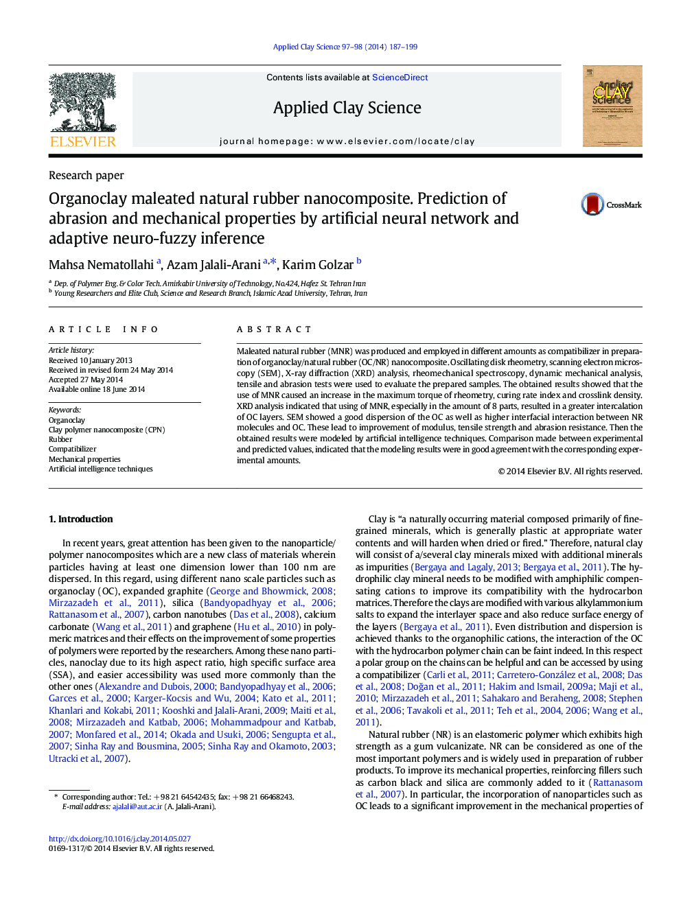 Organoclay maleated natural rubber nanocomposite. Prediction of abrasion and mechanical properties by artificial neural network and adaptive neuro-fuzzy inference
