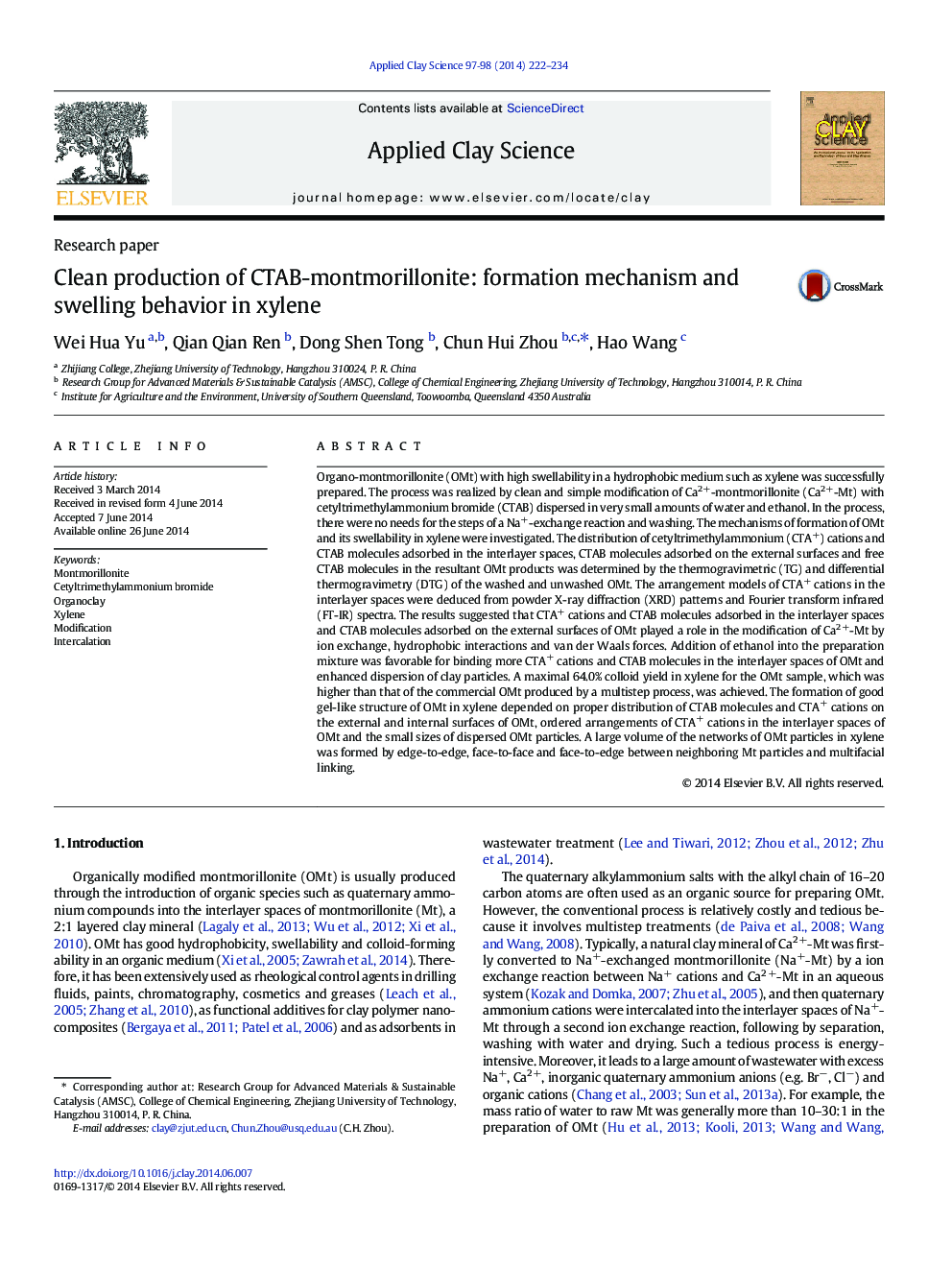 Clean production of CTAB-montmorillonite: formation mechanism and swelling behavior in xylene