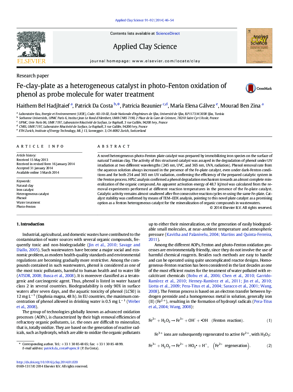 Fe-clay-plate as a heterogeneous catalyst in photo-Fenton oxidation of phenol as probe molecule for water treatment