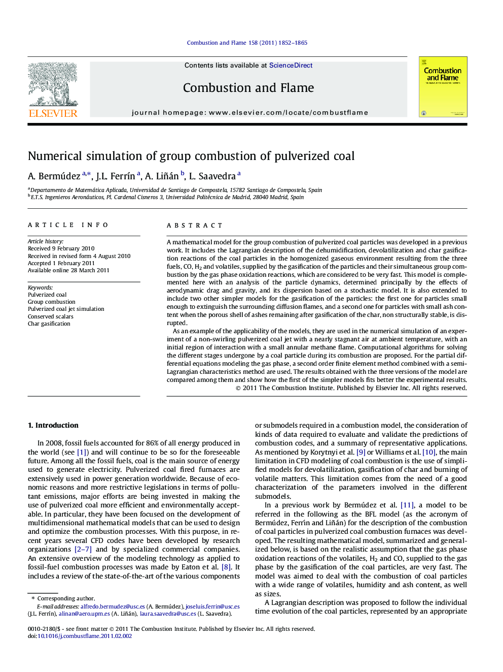 Numerical simulation of group combustion of pulverized coal