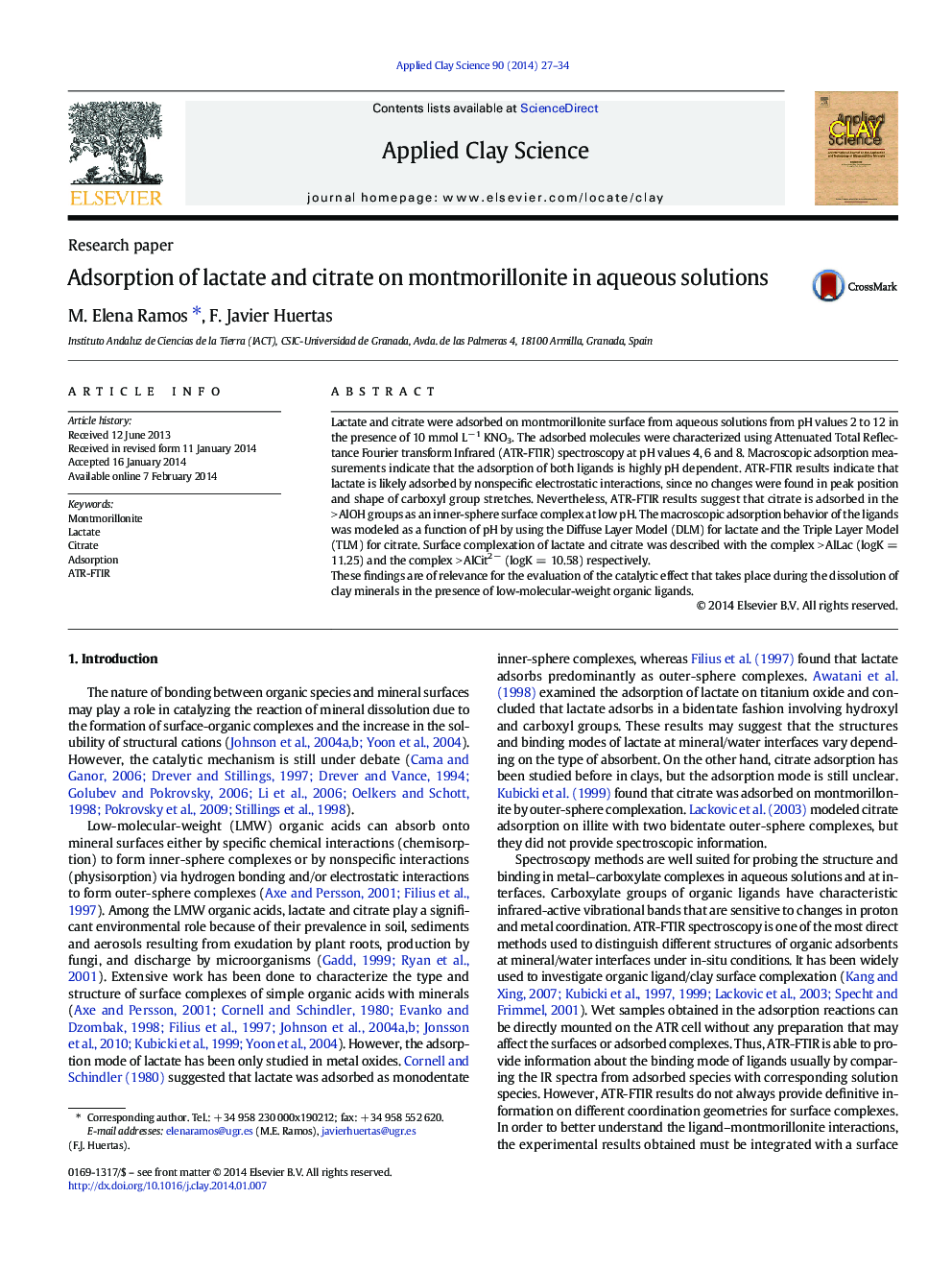 Adsorption of lactate and citrate on montmorillonite in aqueous solutions