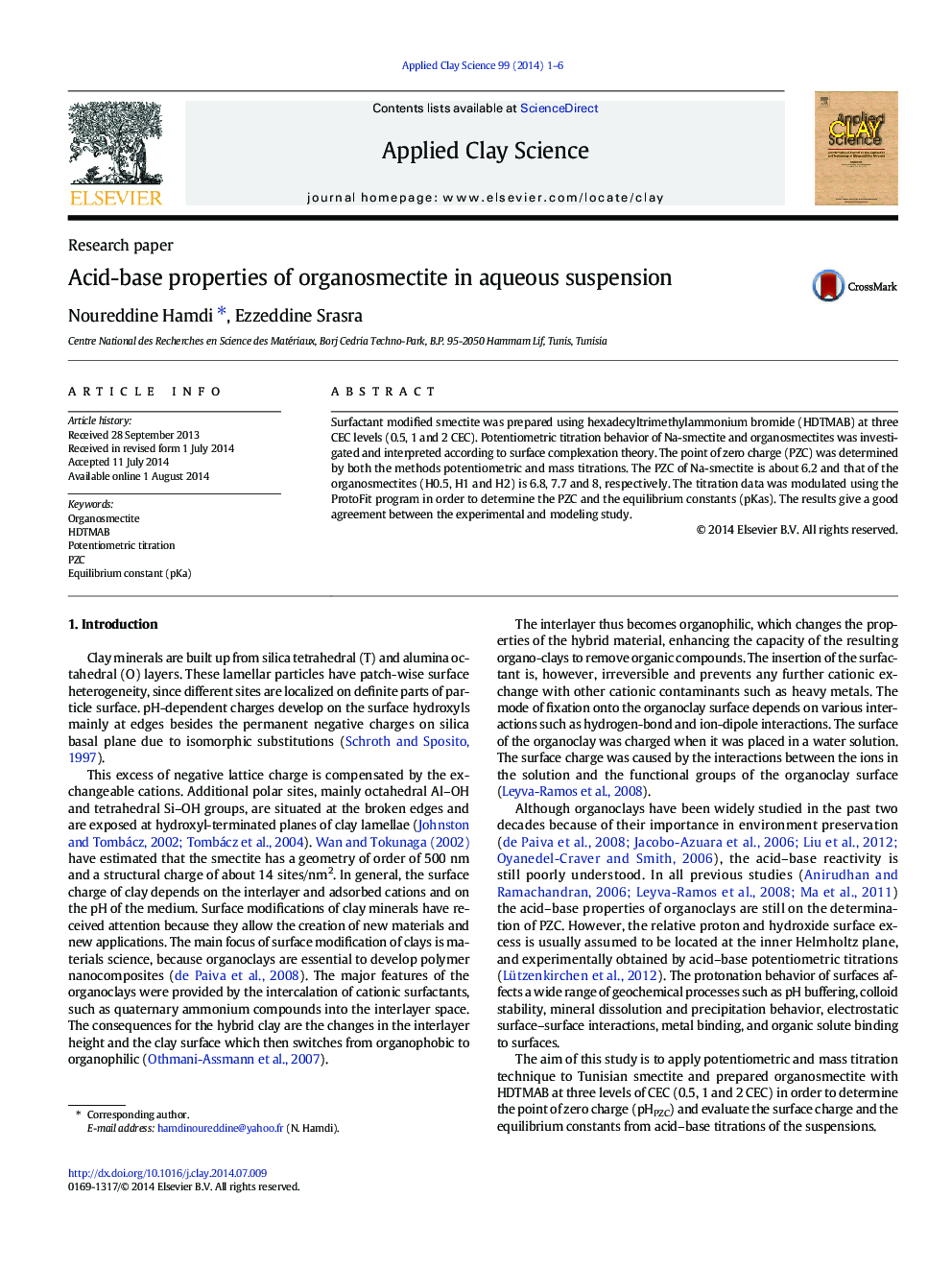 Acid-base properties of organosmectite in aqueous suspension