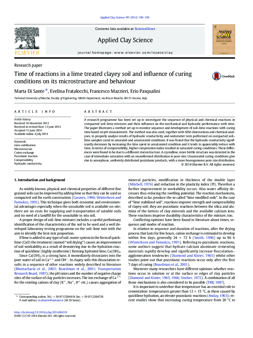 Time of reactions in a lime treated clayey soil and influence of curing conditions on its microstructure and behaviour