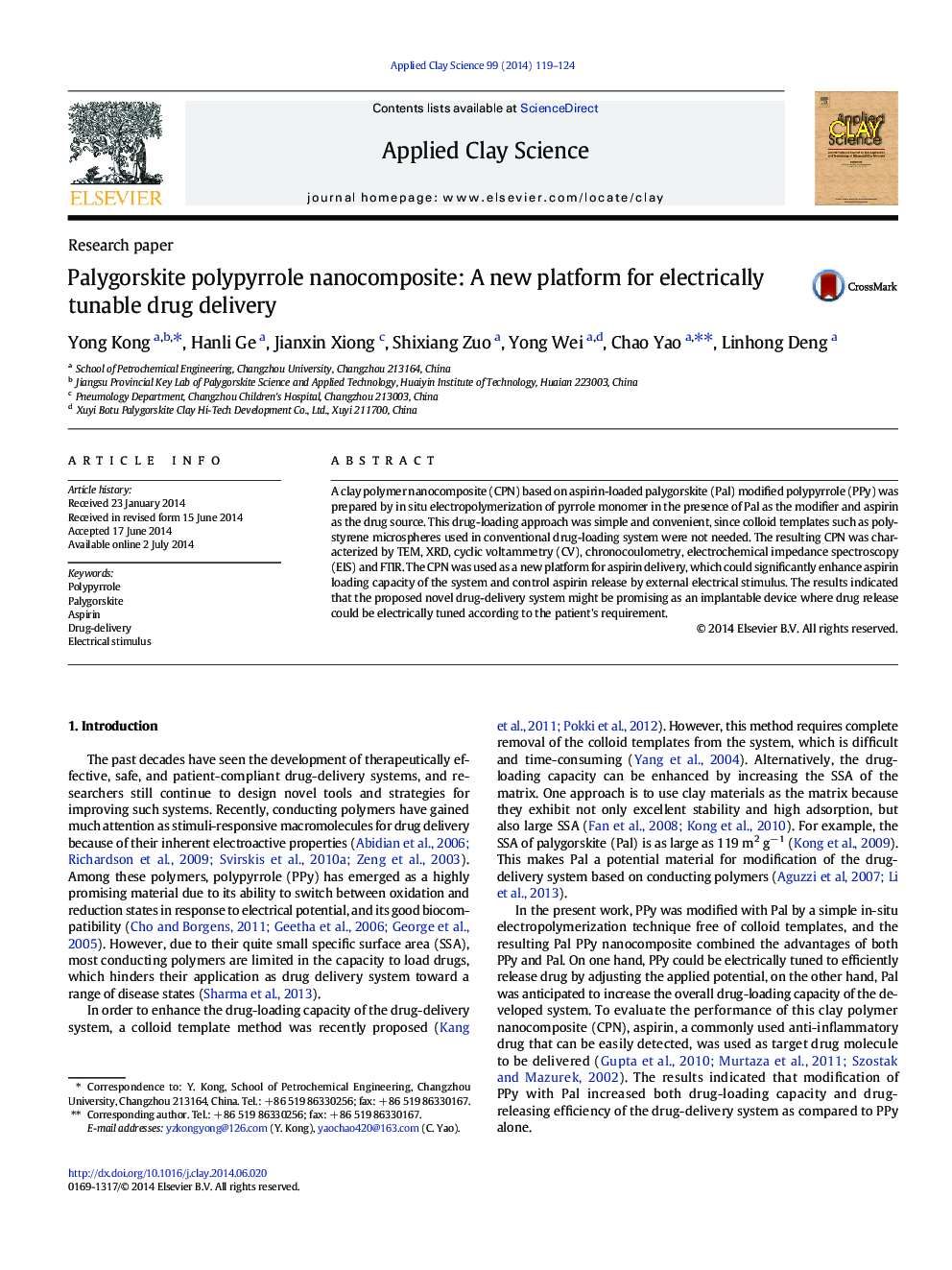 Palygorskite polypyrrole nanocomposite: A new platform for electrically tunable drug delivery