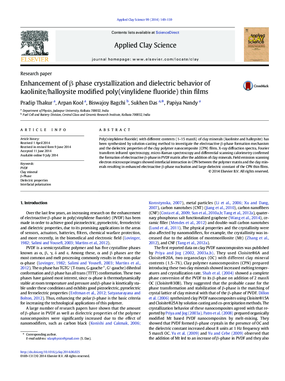 Enhancement of β phase crystallization and dielectric behavior of kaolinite/halloysite modified poly(vinylidene fluoride) thin films