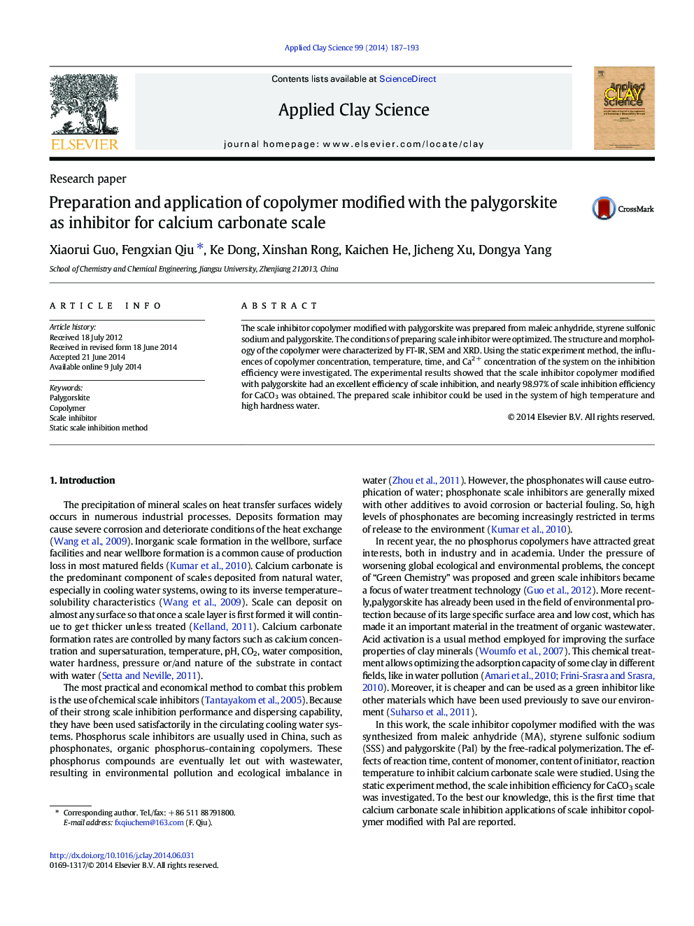 Preparation and application of copolymer modified with the palygorskite as inhibitor for calcium carbonate scale