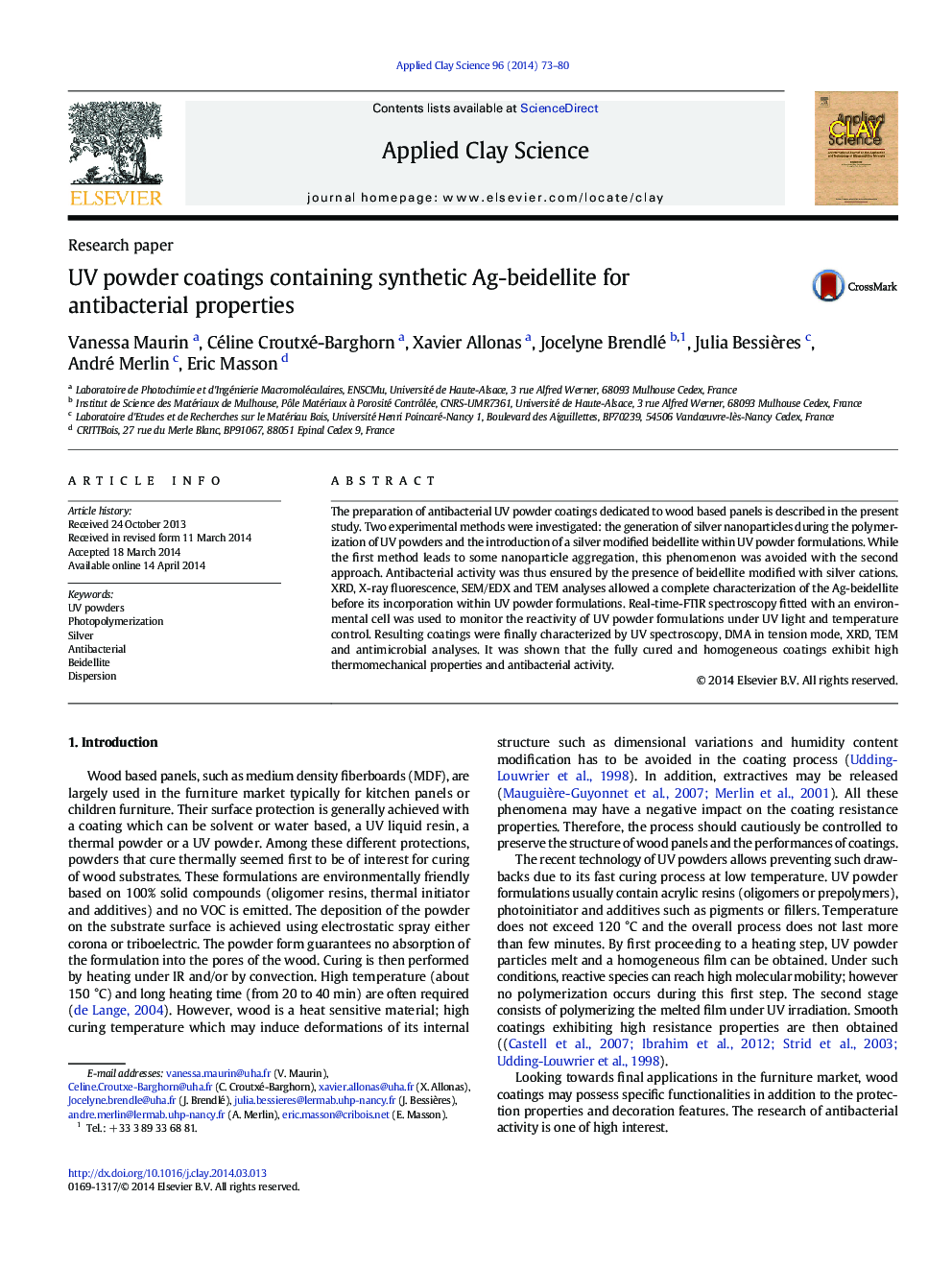 عکس صفحه اول مقاله: UV powder coatings containing synthetic Ag-beidellite for antibacterial properties UV powder coatings containing synthetic Ag-beidellite for antibacterial properties