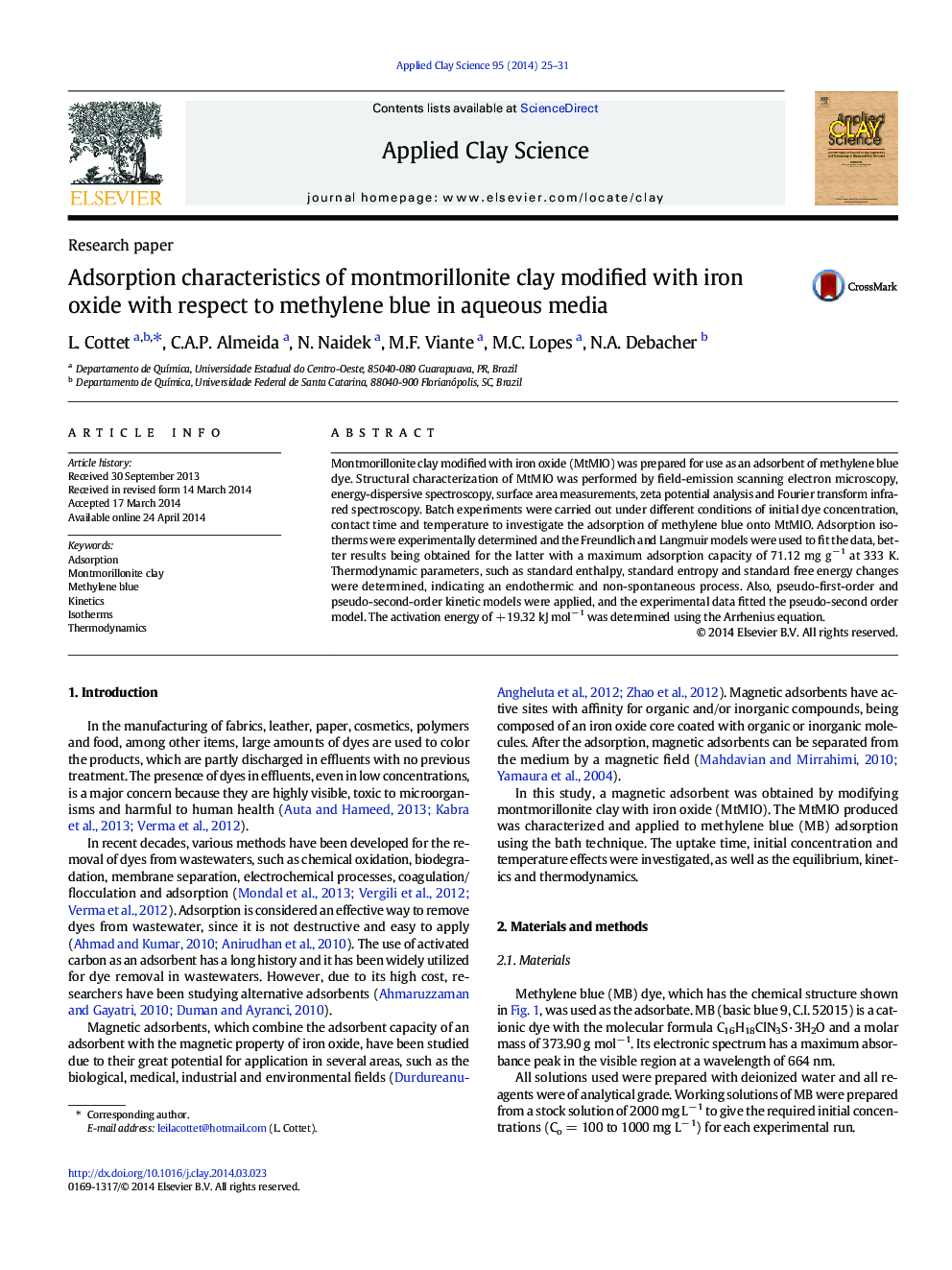 Adsorption characteristics of montmorillonite clay modified with iron oxide with respect to methylene blue in aqueous media