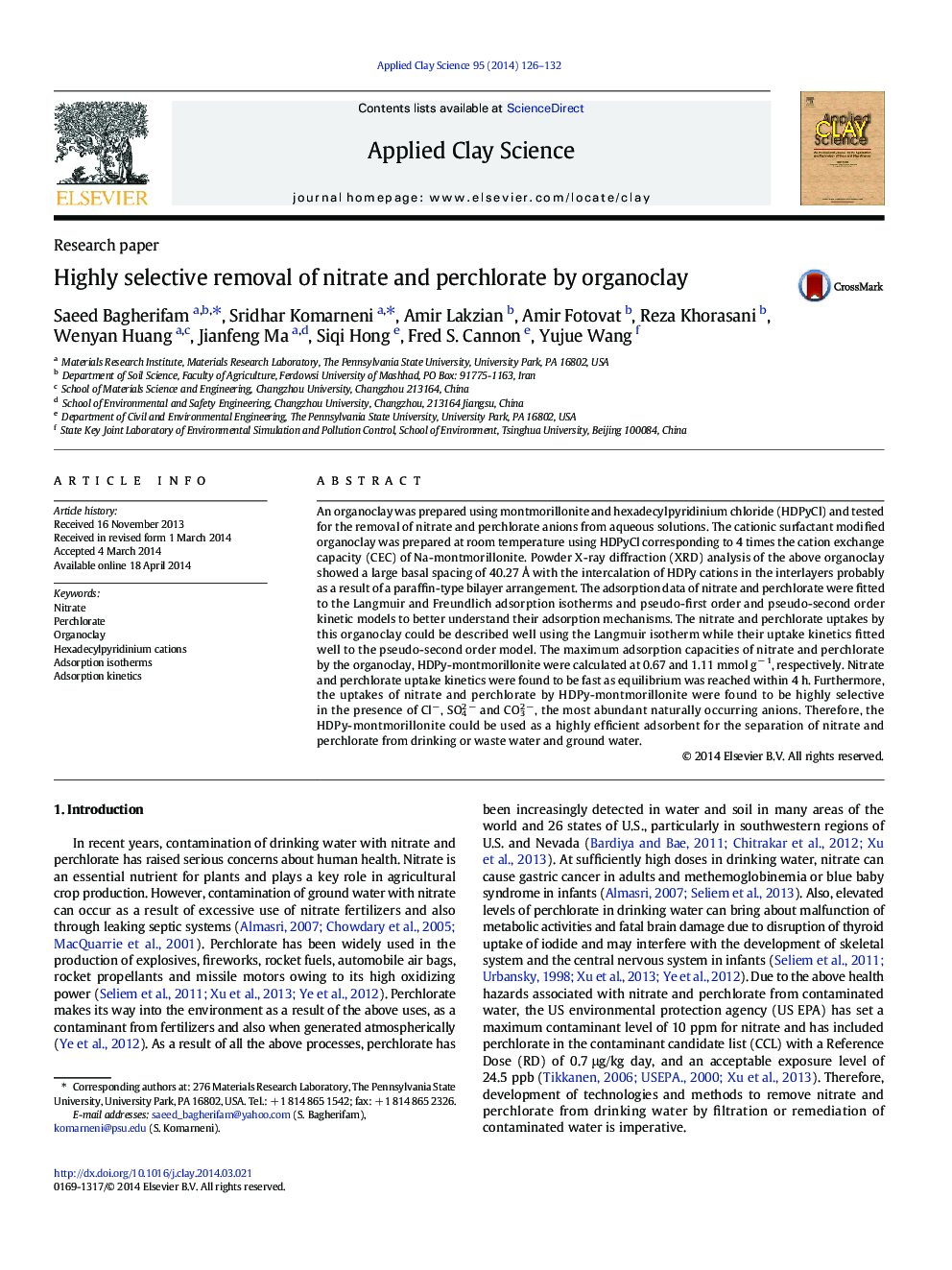 Highly selective removal of nitrate and perchlorate by organoclay