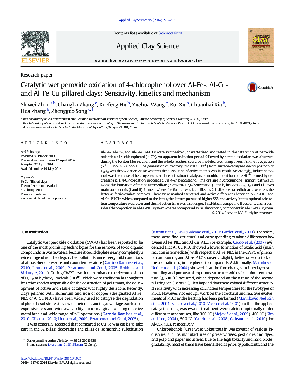 Catalytic wet peroxide oxidation of 4-chlorophenol over Al-Fe-, Al-Cu-, and Al-Fe-Cu-pillared clays: Sensitivity, kinetics and mechanism