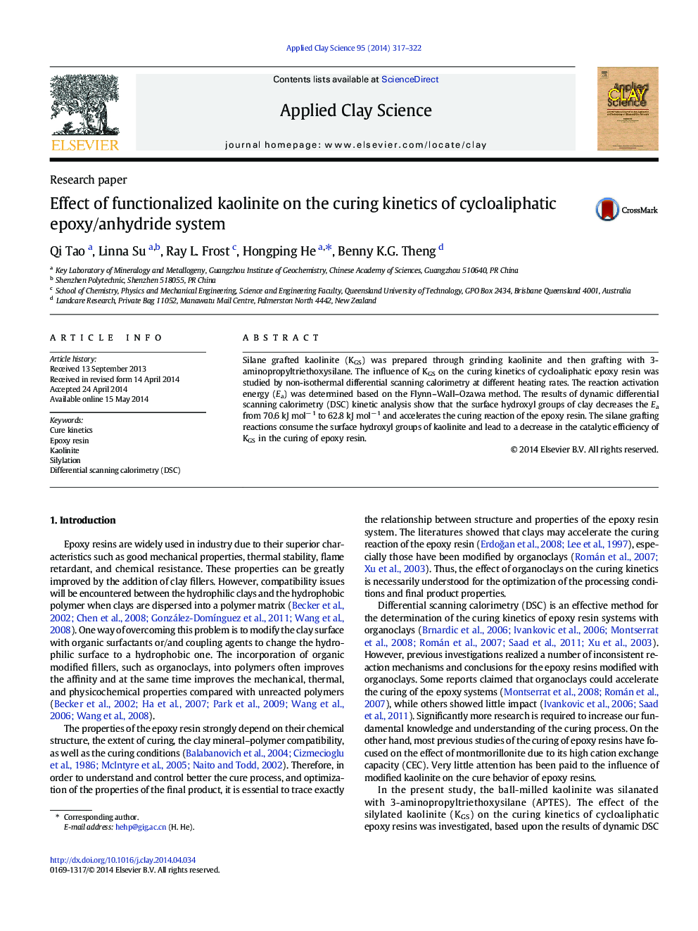 Effect of functionalized kaolinite on the curing kinetics of cycloaliphatic epoxy/anhydride system