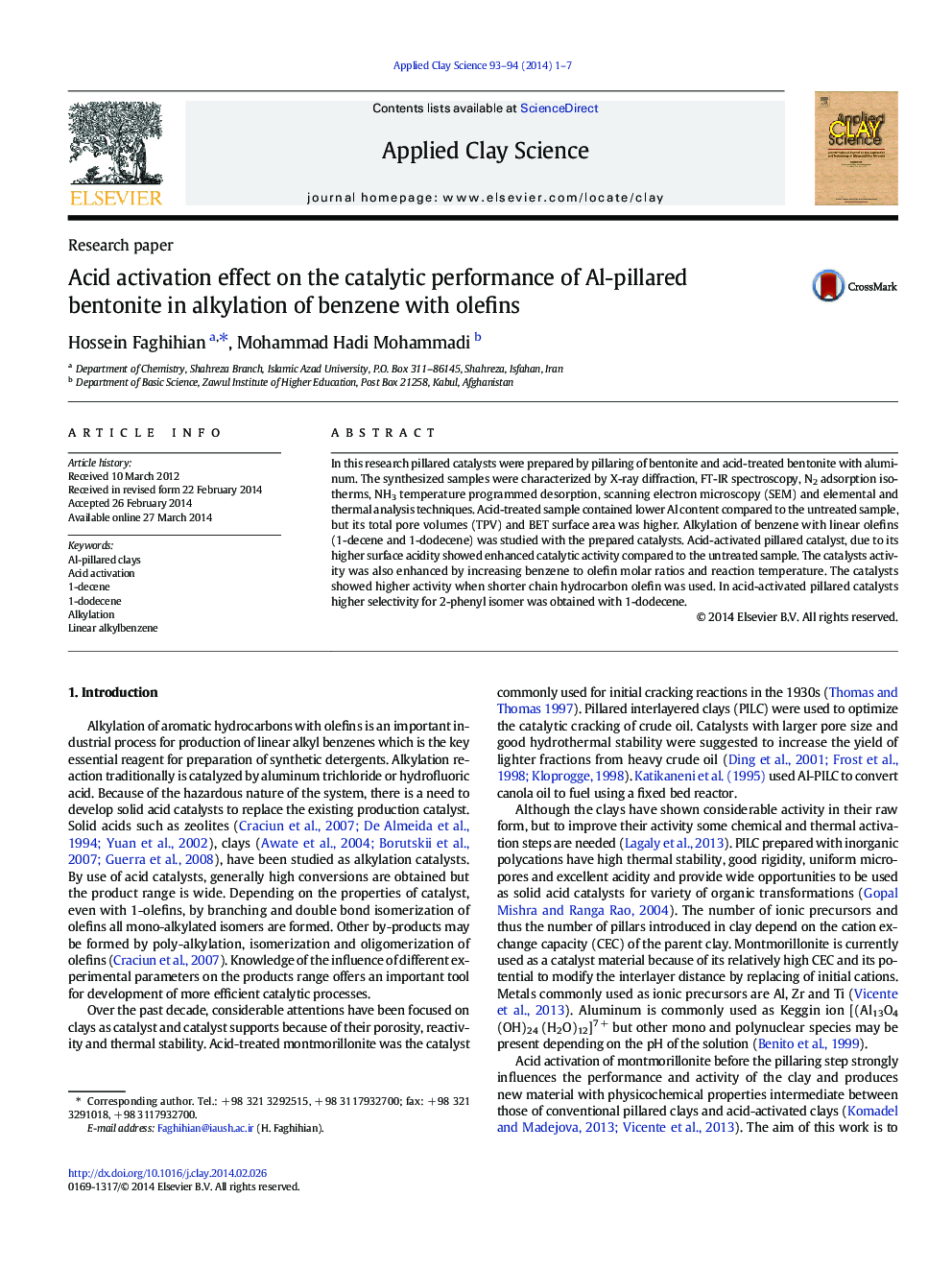 Acid activation effect on the catalytic performance of Al-pillared bentonite in alkylation of benzene with olefins