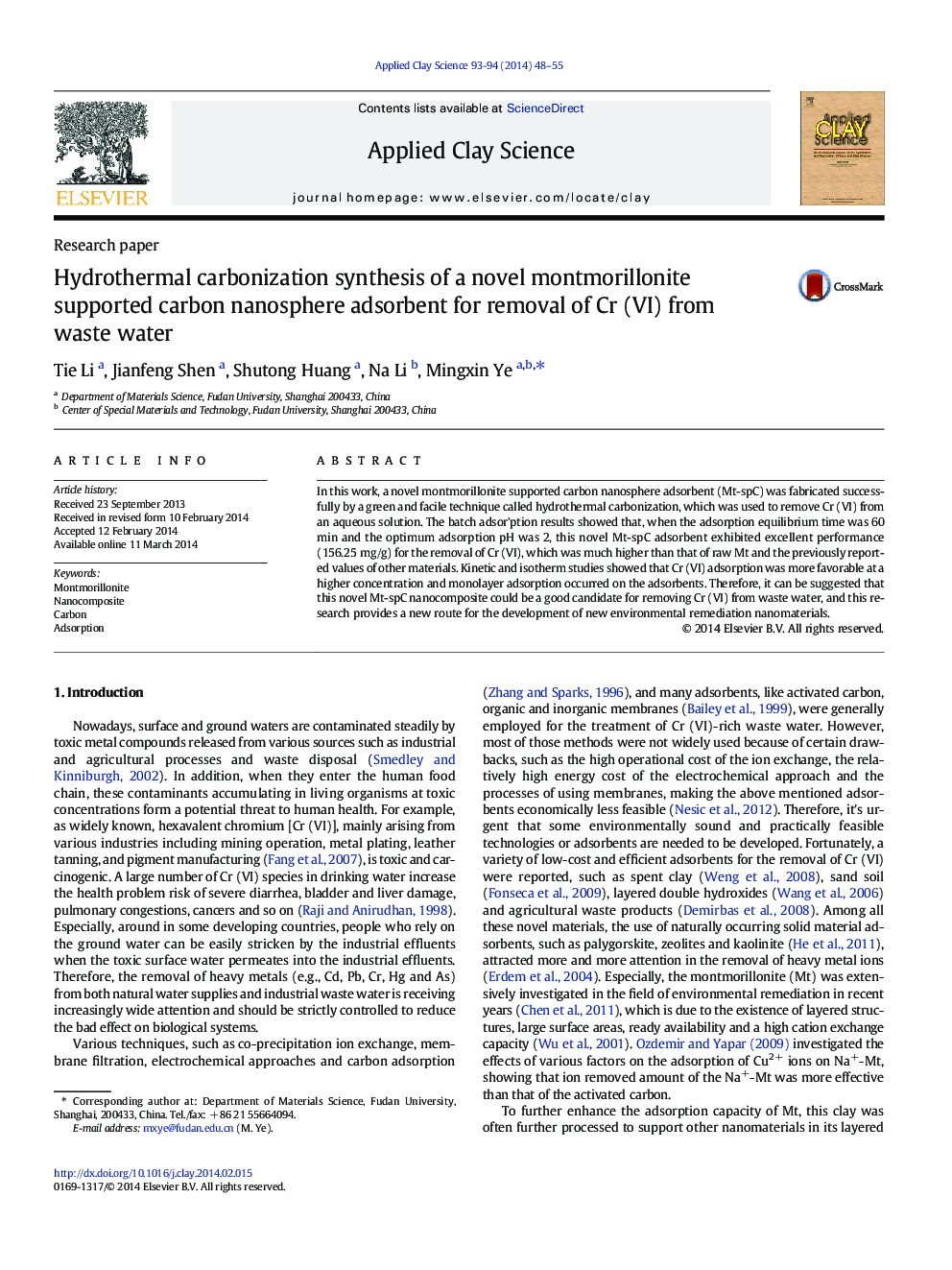 عکس صفحه اول مقاله: Hydrothermal carbonization synthesis of a novel montmorillonite supported carbon nanosphere adsorbent for removal of Cr (VI) from waste water Hydrothermal carbonization synthesis of a novel montmorillonite supported carbon nanosphere adsorbent for removal of Cr (VI) from waste water
