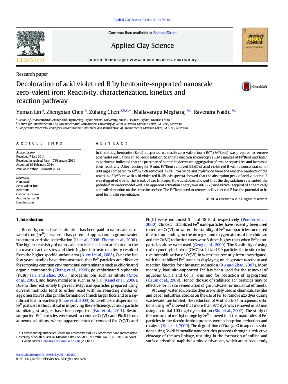 Decoloration of acid violet red B by bentonite-supported nanoscale zero-valent iron: Reactivity, characterization, kinetics and reaction pathway