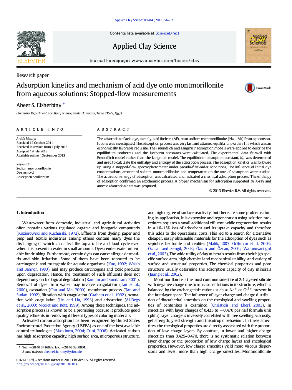 Adsorption kinetics and mechanism of acid dye onto montmorillonite from aqueous solutions: Stopped-flow measurements